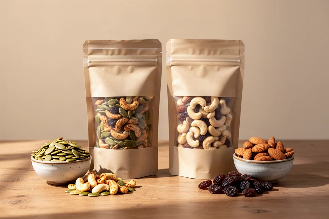 Resealable pouches of roasted seeds and spiced trail mix arranged with small bowls of nuts