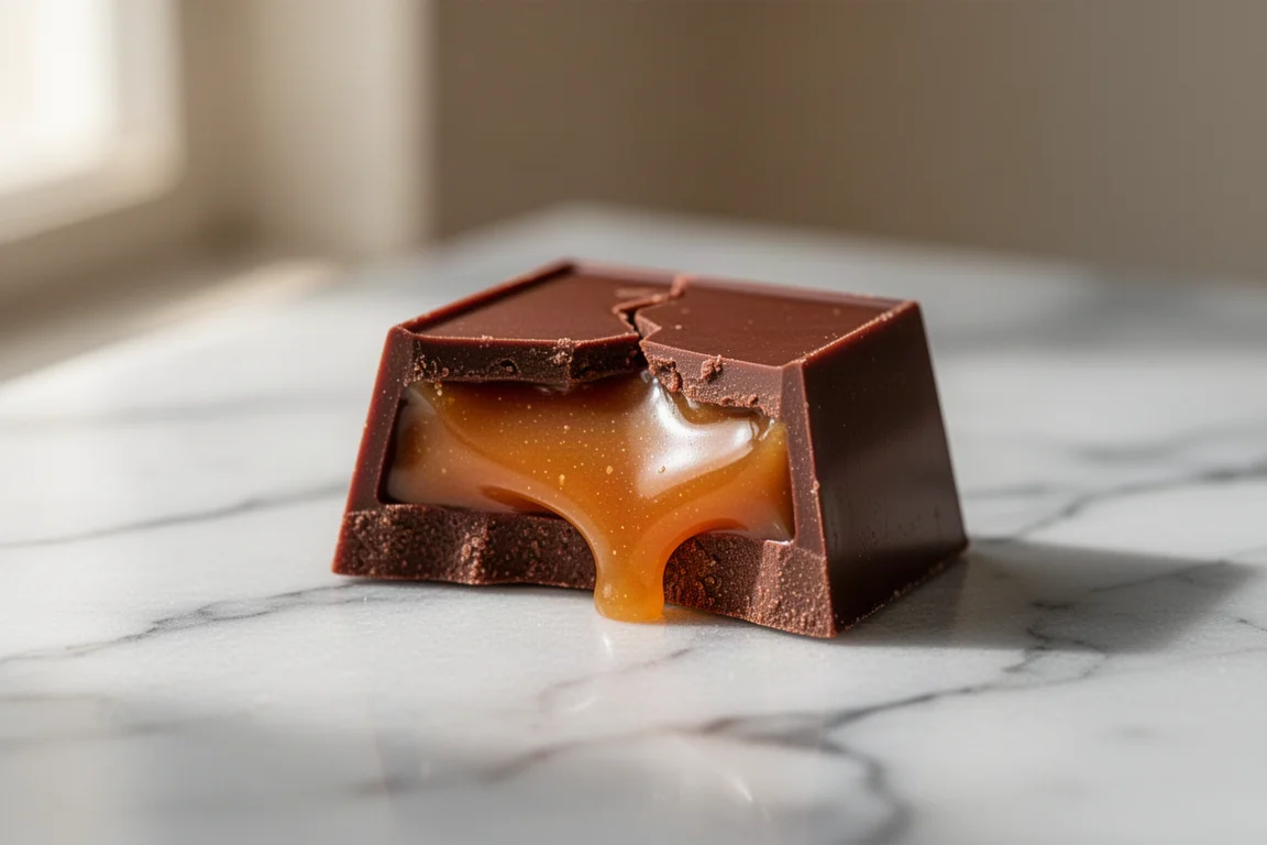 A broken piece of caramel chocolate showing a thin dark chocolate coating and soft caramel centre