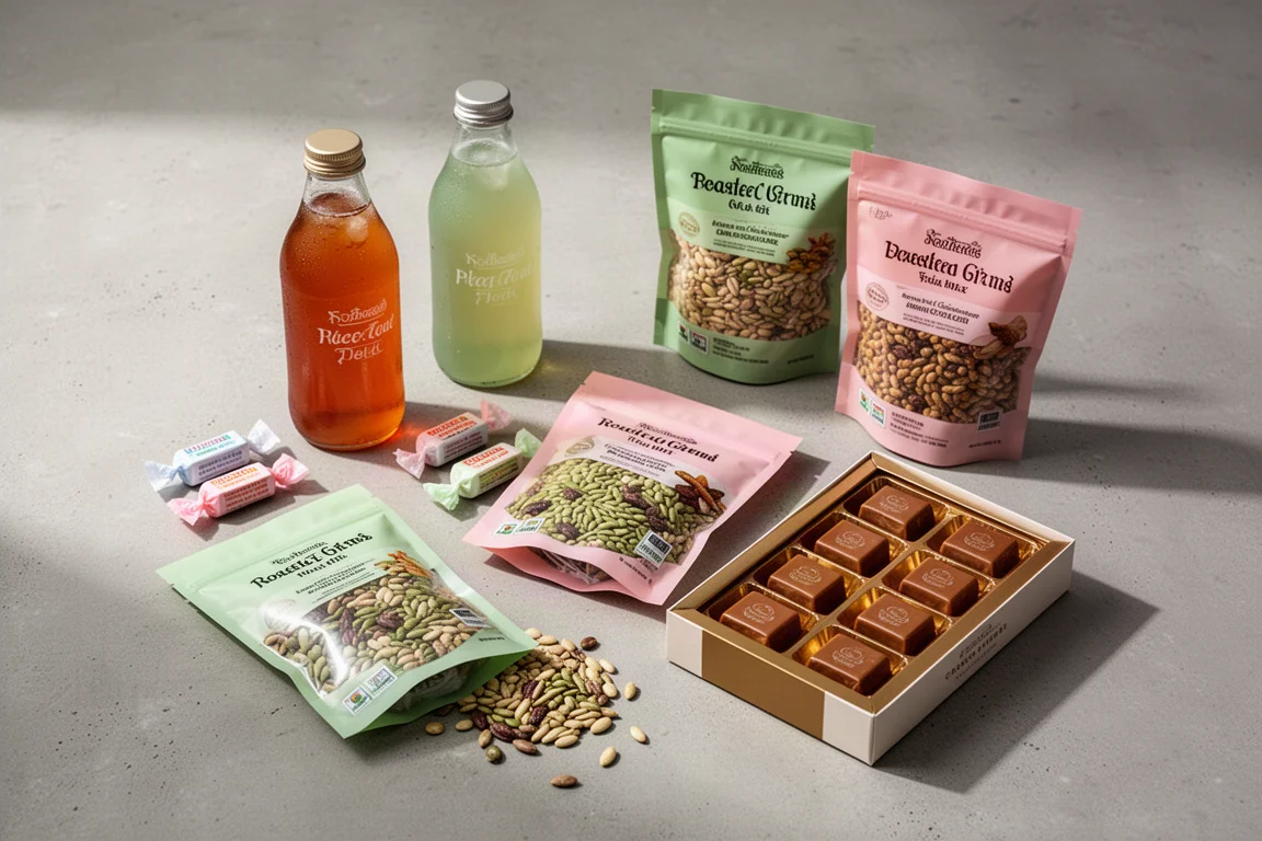 Assortimento di tè freddi, caramelle, buste di semi e cioccolati disposti su una superficie di cemento