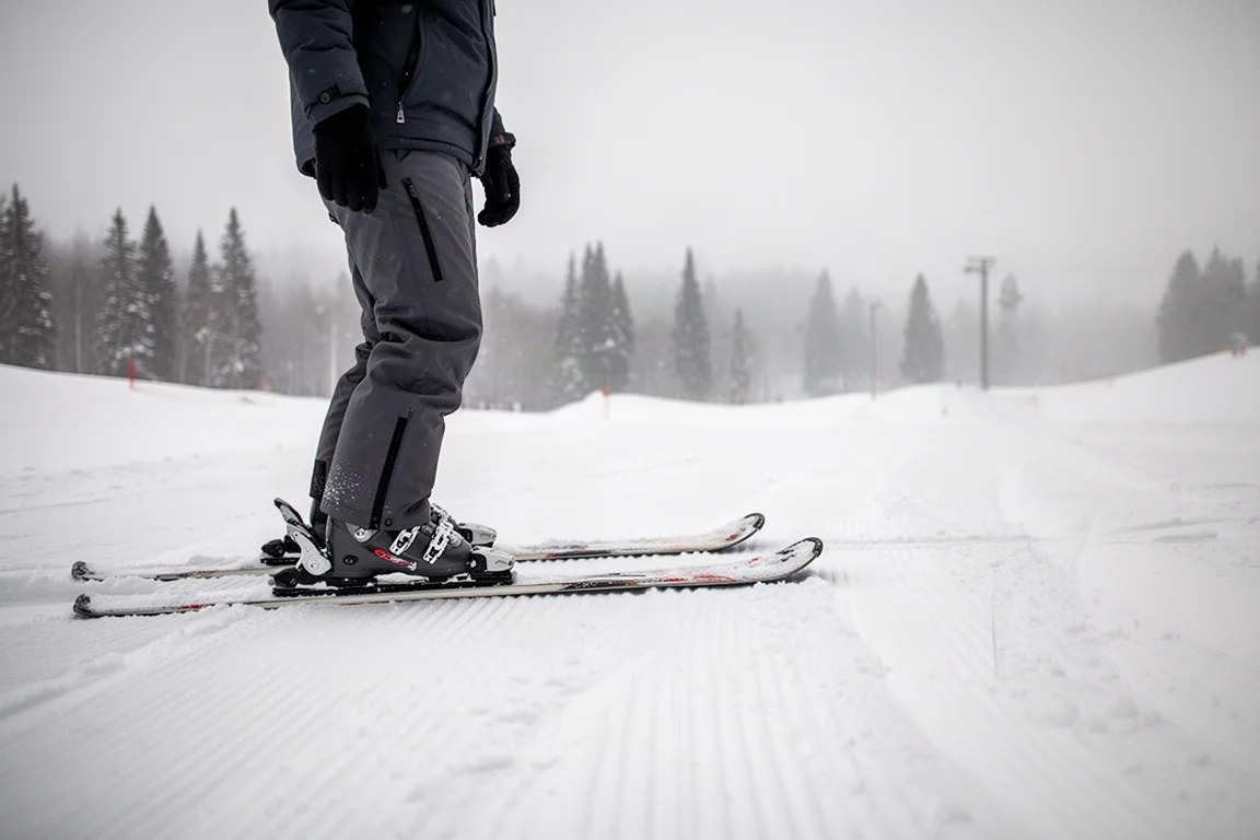Sciatore in piedi al bordo di una pista battuta in una mattina fredda e coperta, pantaloni da neve visibili dalla vita in giù