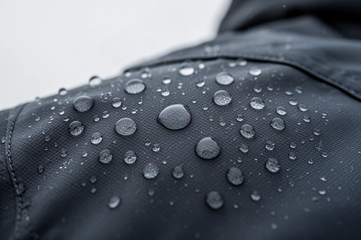 Primo piano di gocce d'acqua che perleno su un tessuto tecnico scuro per pantaloni da neve