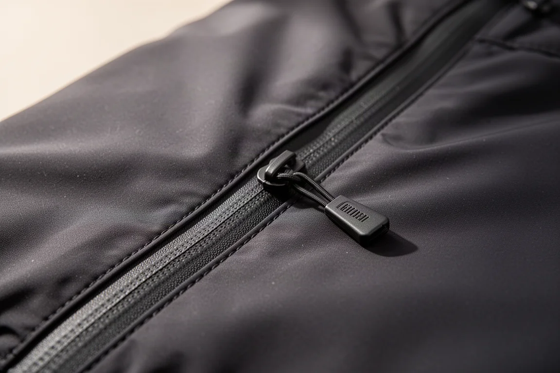 Dettaglio macro di una cucitura e di una zip chiusa su tessuto scuro imbottito per pantaloni da neve