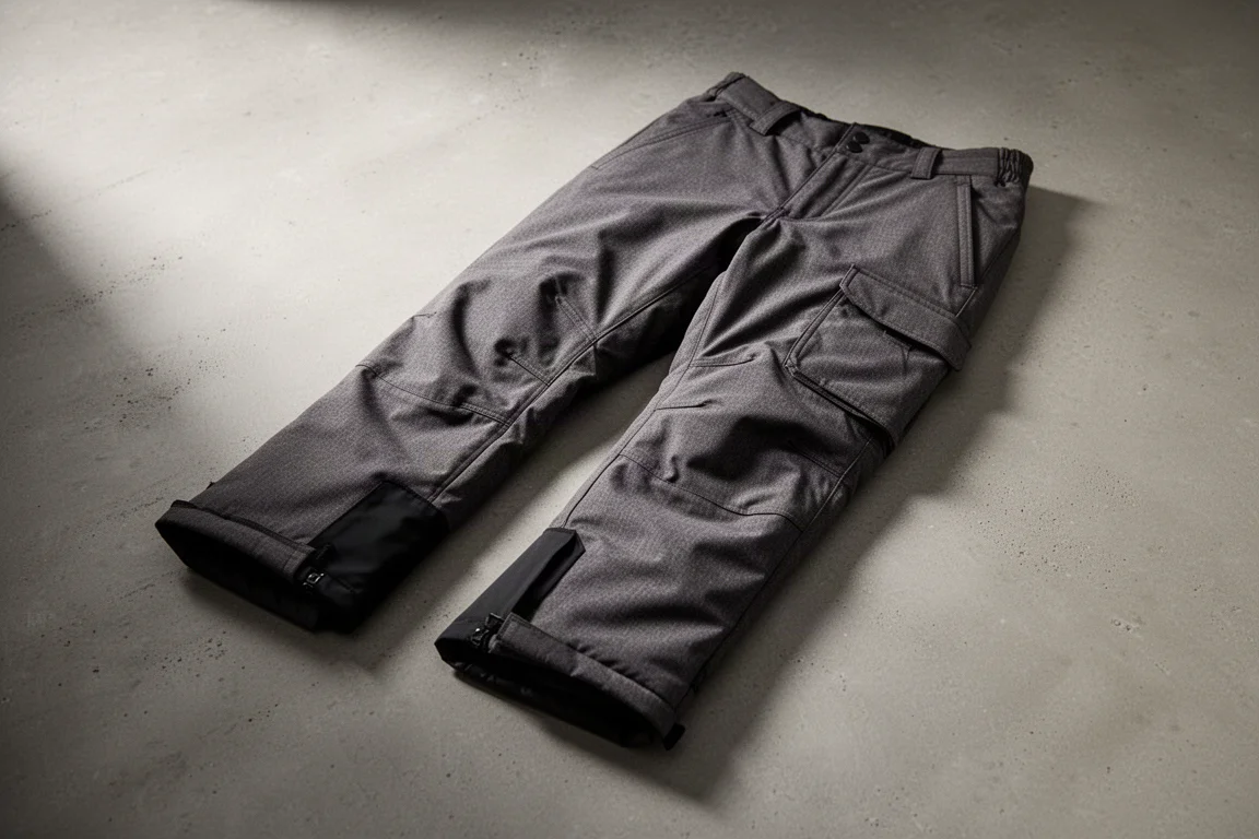 Insulated snow pants laid flat on a concrete surface showing seams and boot gaiter cuff