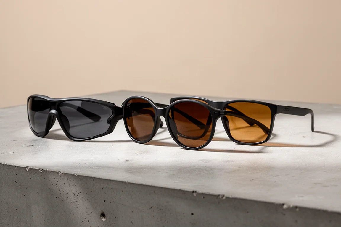 Three pairs of Heat Wave safety sunglasses on a concrete surface