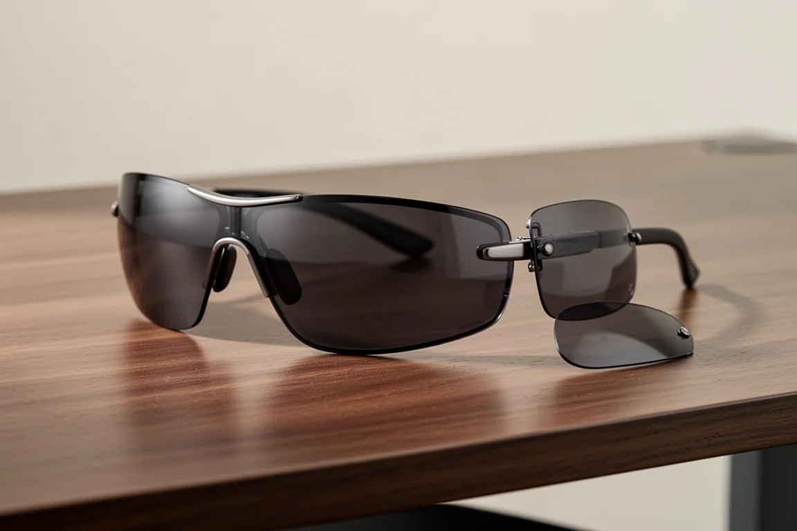 Abnehmbares Seitenschutz-Zubehör neben einer Sonnenbrille auf einem Schreibtisch aus Holz