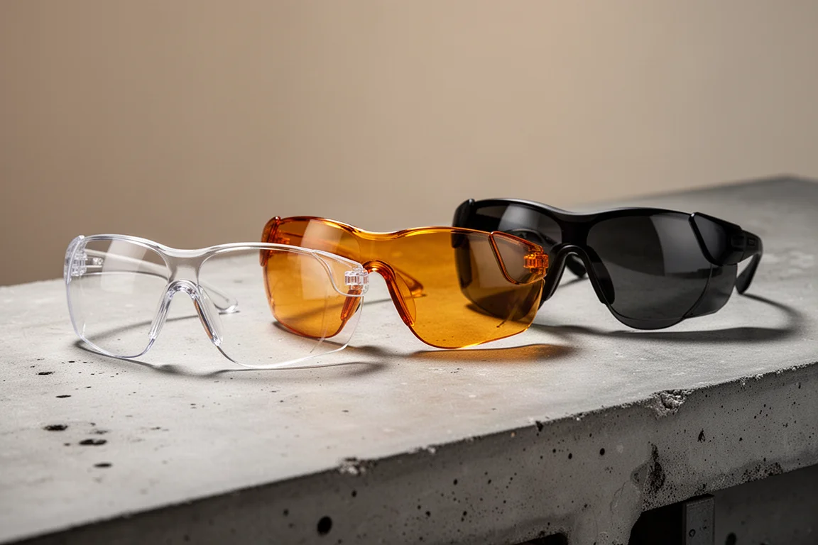 Three pairs of wraparound safety sunglasses with clear, amber, and dark lenses on a concrete surface
