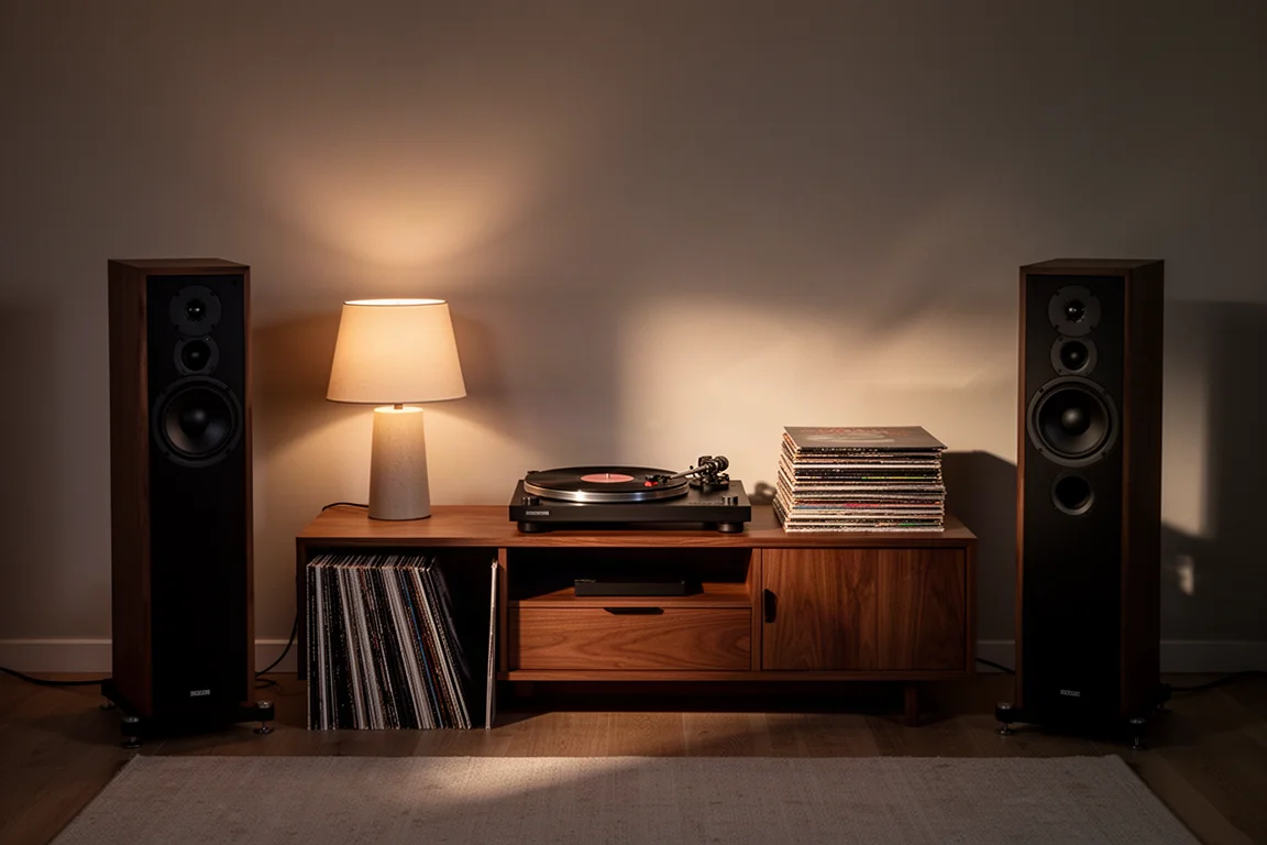Dimly lit listening room at dusk with floorstanding speakers, a turntable, and stacked vinyl records