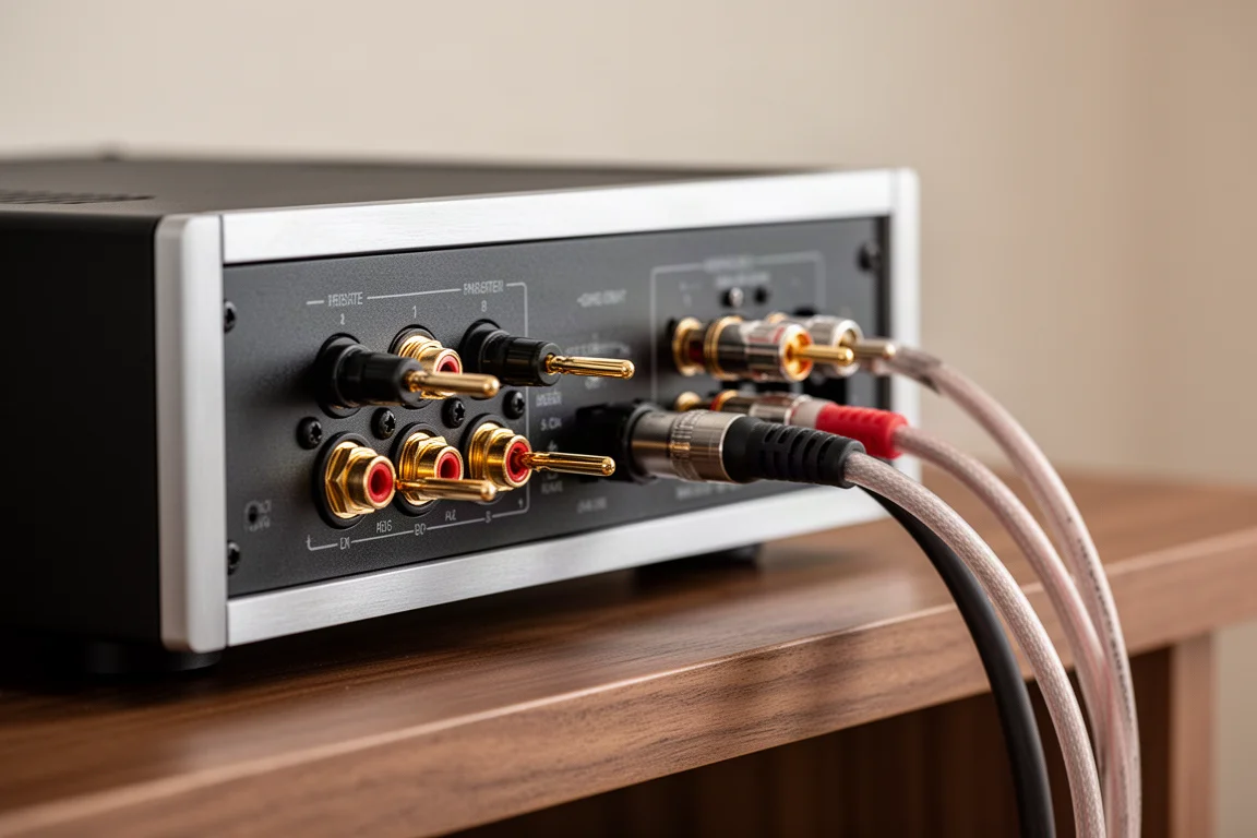 Close-up of speaker cables and RCA interconnects connected to the rear panel of a hi-fi amplifier
