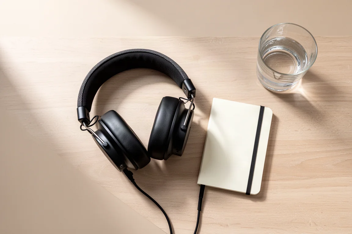 Overhead flat lay of over-ear headphones, a notebook, and a glass of water on an oak desk