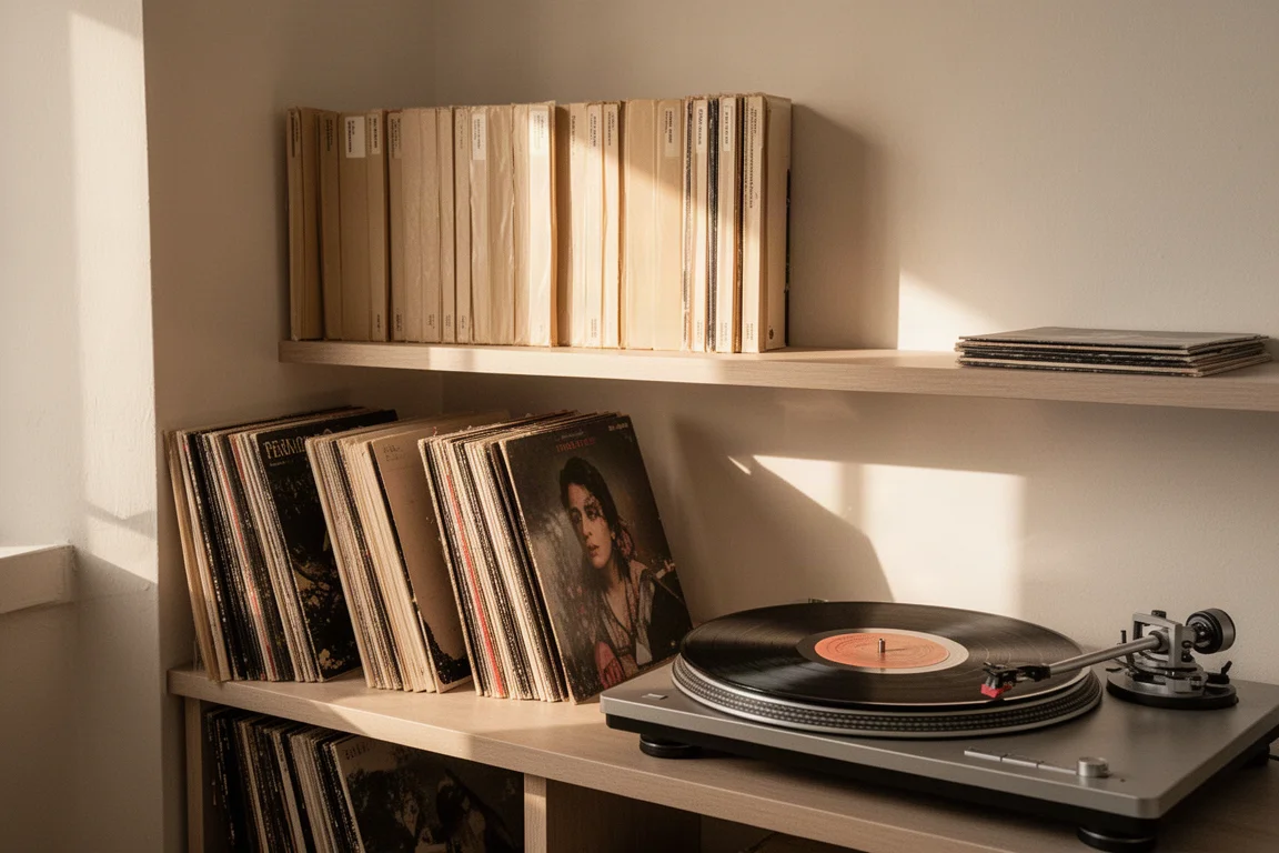 Shelf of vinyl records beside a turntable in warm afternoon window light