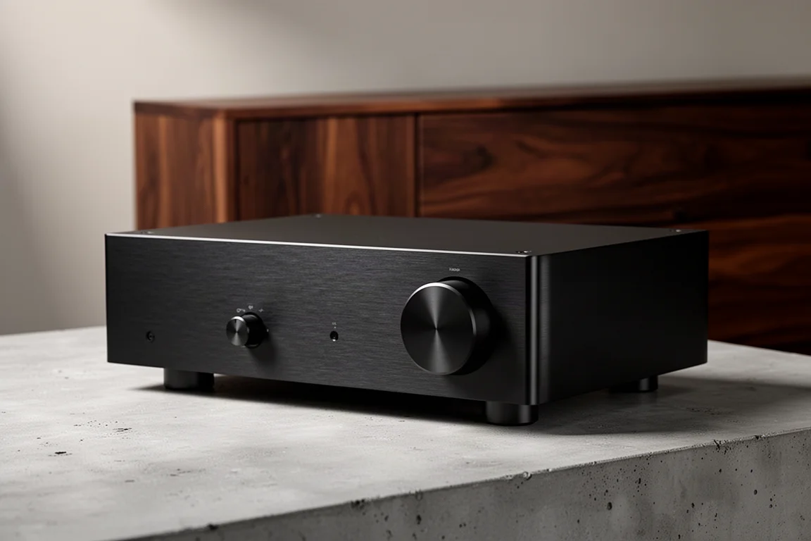 Compact black brushed aluminium integrated amplifier with two rotary knobs on a concrete surface