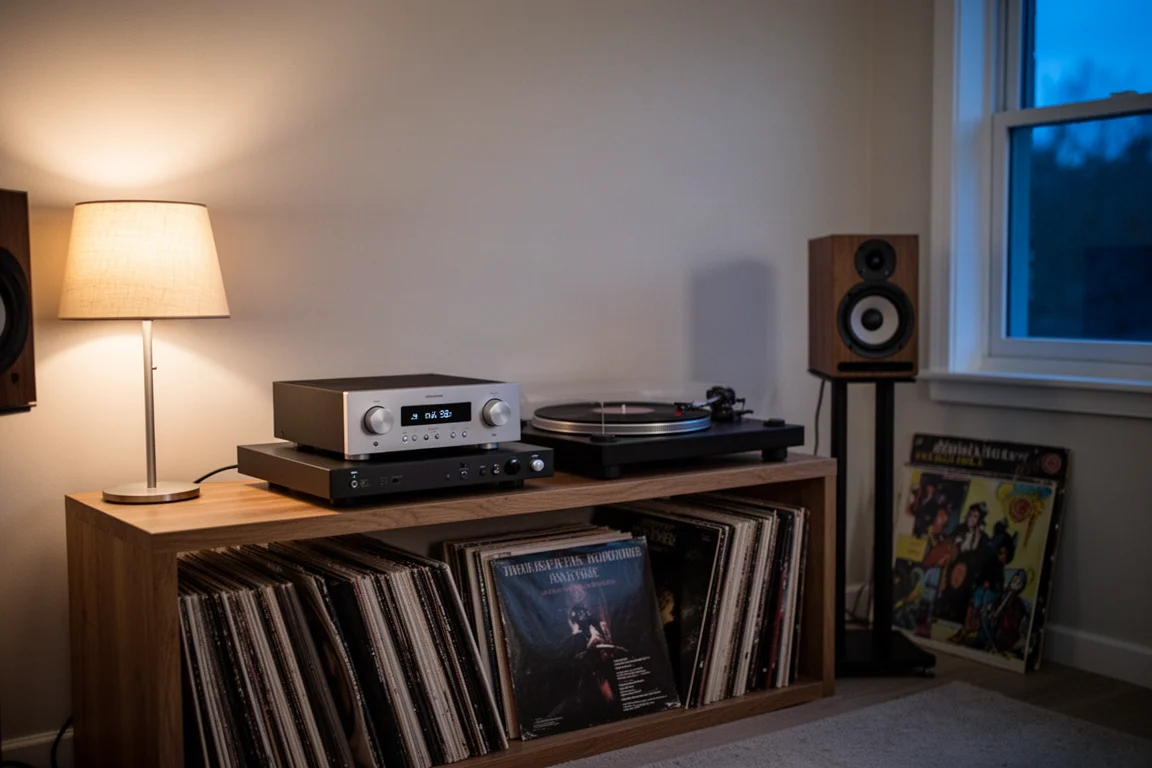 Compact integrated amplifier on a wooden shelf with tubes glowing behind a cage