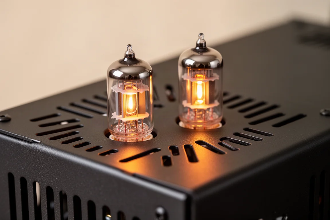 Two small vacuum tubes glowing orange inside a brushed aluminium chassis