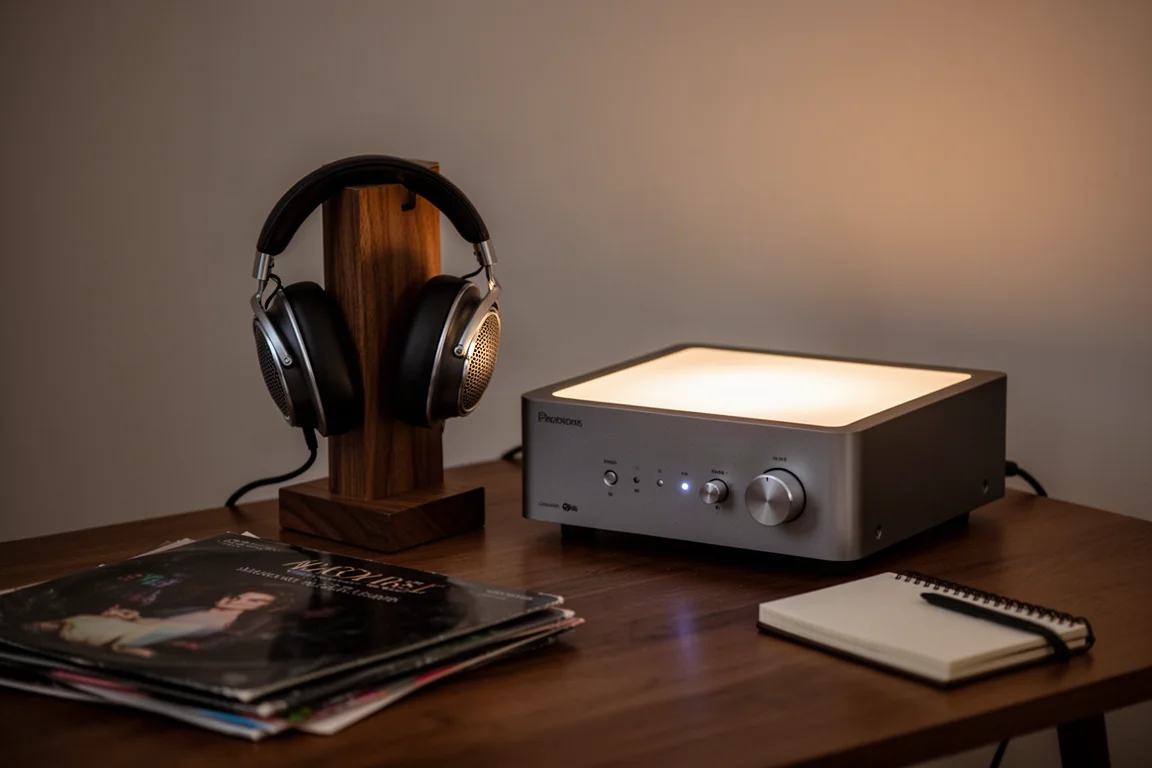 Living room listening setup with compact amplifier and small standmount speakers
