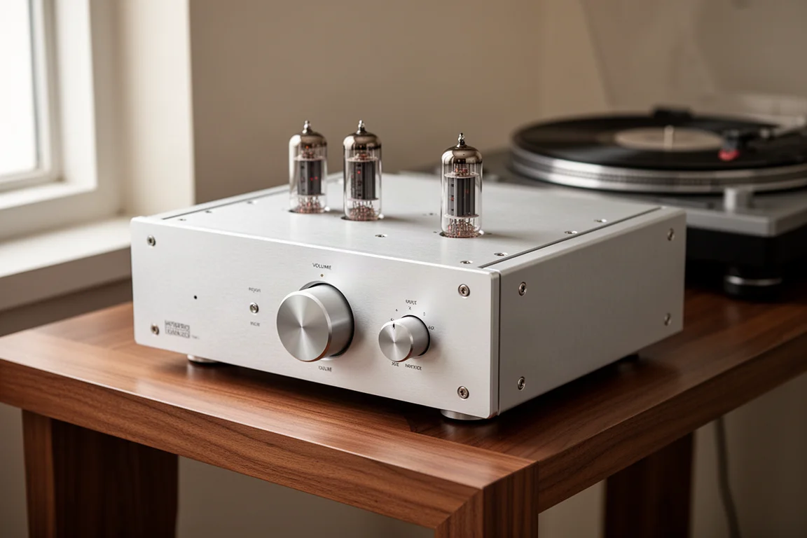 Compact hybrid integrated amplifier with glowing tubes and wood and marble knobs