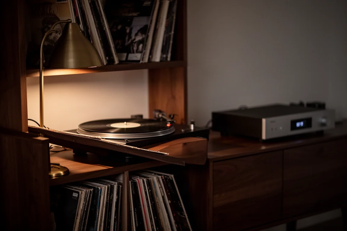 Sala de audição aconchegante à noite, com discos de vinil em prateleiras e um sistema de som sob a luz suave de abajures