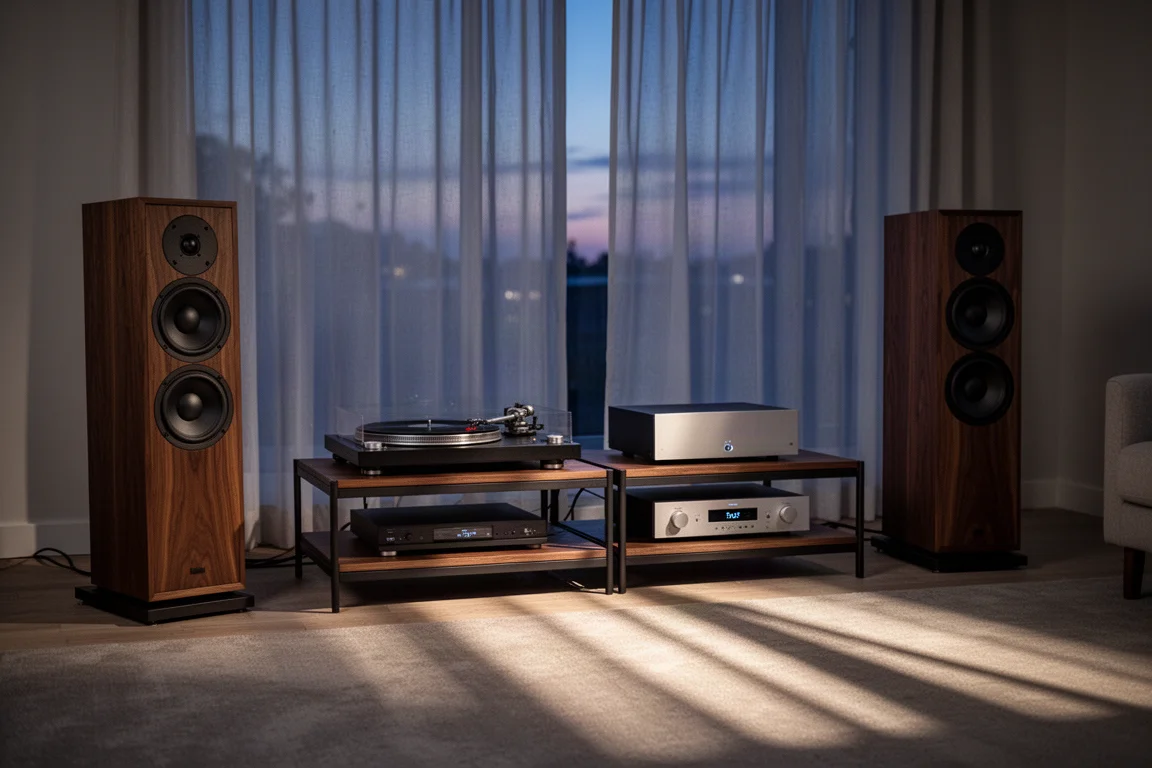Sistema hi-fi com caixas torre e um toca-discos em uma sala de estar ao anoitecer