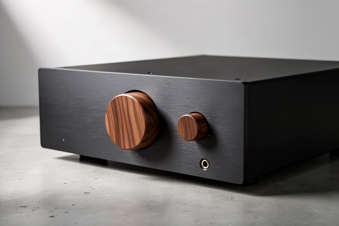 Minimalist integrated amplifier with solid walnut volume and selector knobs on a concrete surface
