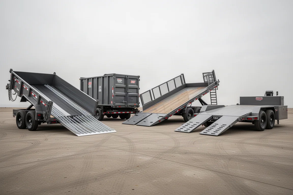 Four heavy-duty trailers lined up on a concrete lot, including dump, roll-off, tilt, and equipment models