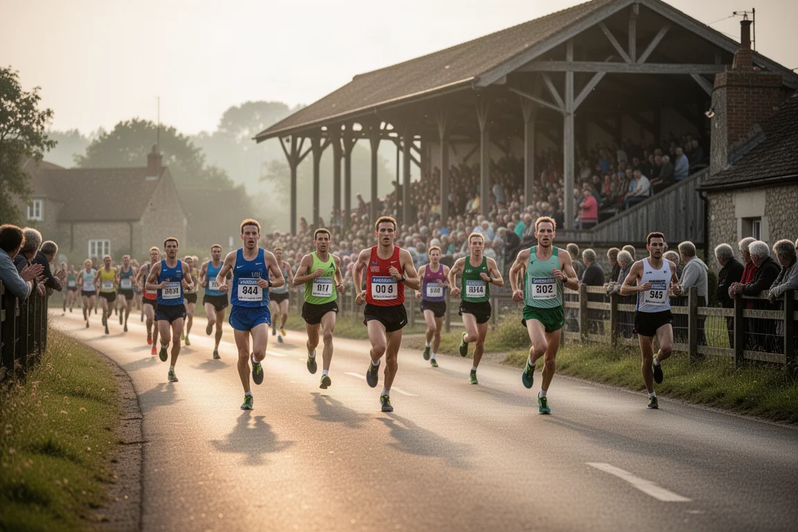 Corredores compitiendo en una carrera de ruta por un pueblo pasando frente a una gran grada de espectadores