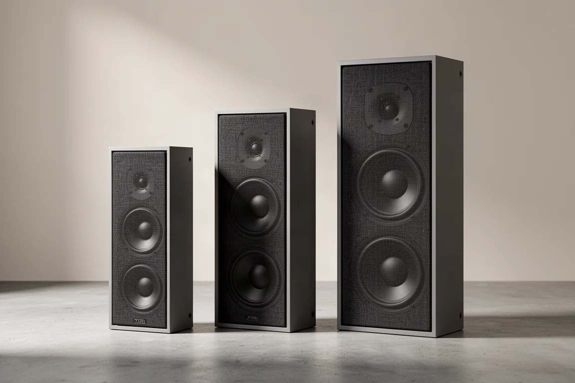 Three slim wall-mounted speakers of increasing size on a matte concrete surface
