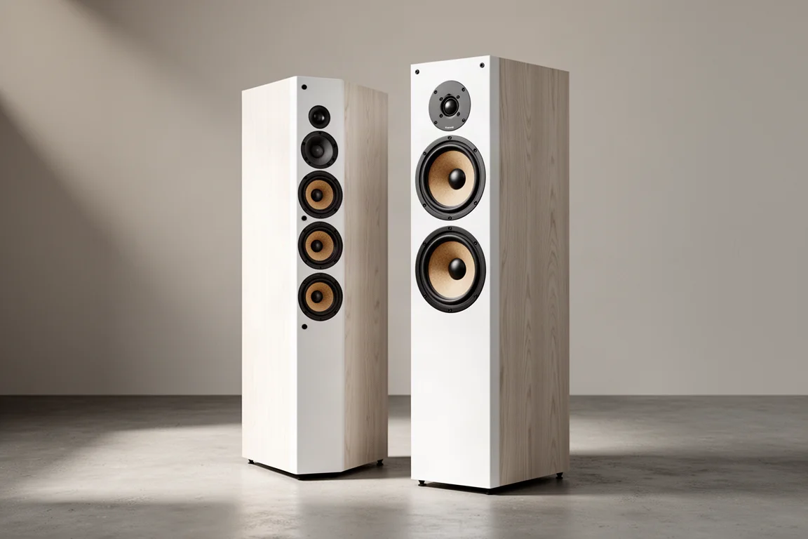 Pair of tall white floorstanding tower speakers standing on a matte concrete floor
