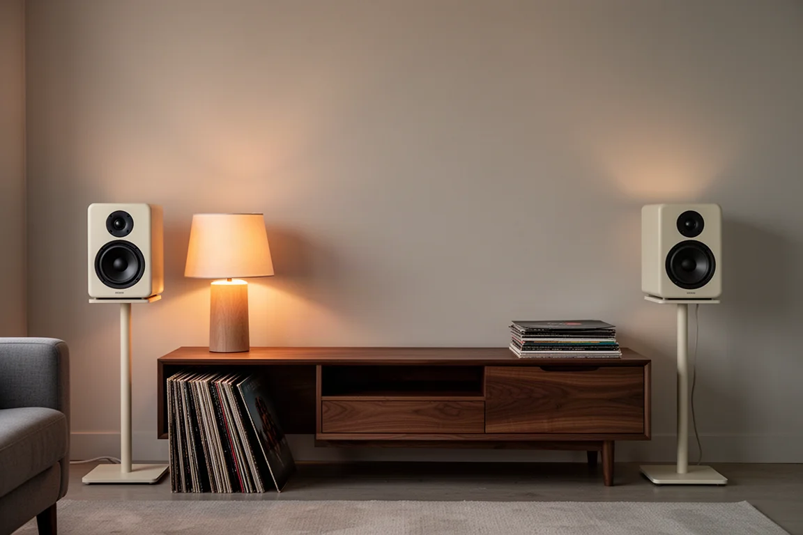 Kompakte Regallautsprecher auf Ständern, die ein Sofa in einem hellen minimalistischen Wohnzimmer flankieren