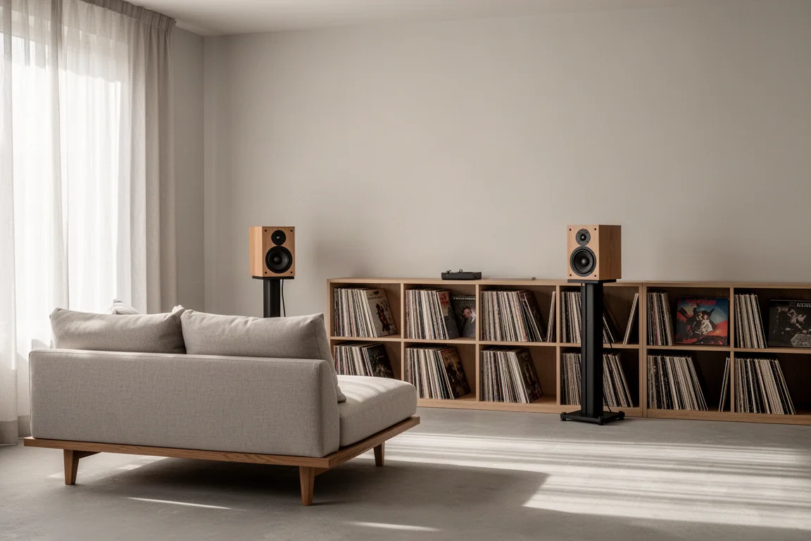 Regallautsprecher auf einer niedrigen Sideboard in einem warmen abendlichen Wohnzimmer
