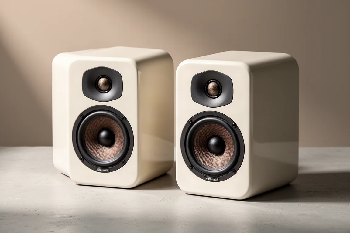 Two black bookshelf speakers with wood-grain side panels on a concrete surface