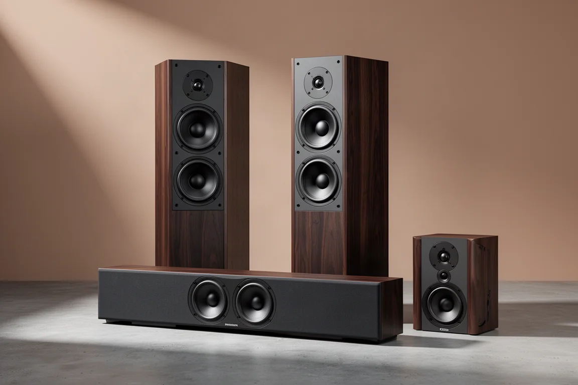 Heco Aurora tower speakers, center channel and surround speaker arranged on a neutral studio backdrop
