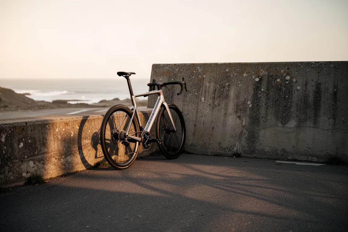 Bike de estrada apoiada contra uma parede de concreto em uma estrada vazia na hora dourada