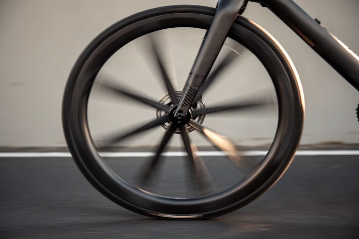 Raios de carbono desfocados de uma roda dianteira de bike de estrada girando sobre o asfalto
