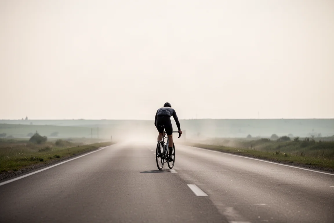 Ciclista pedalando uma bike de estrada por uma longa estrada plana e aberta sob um céu pálido
