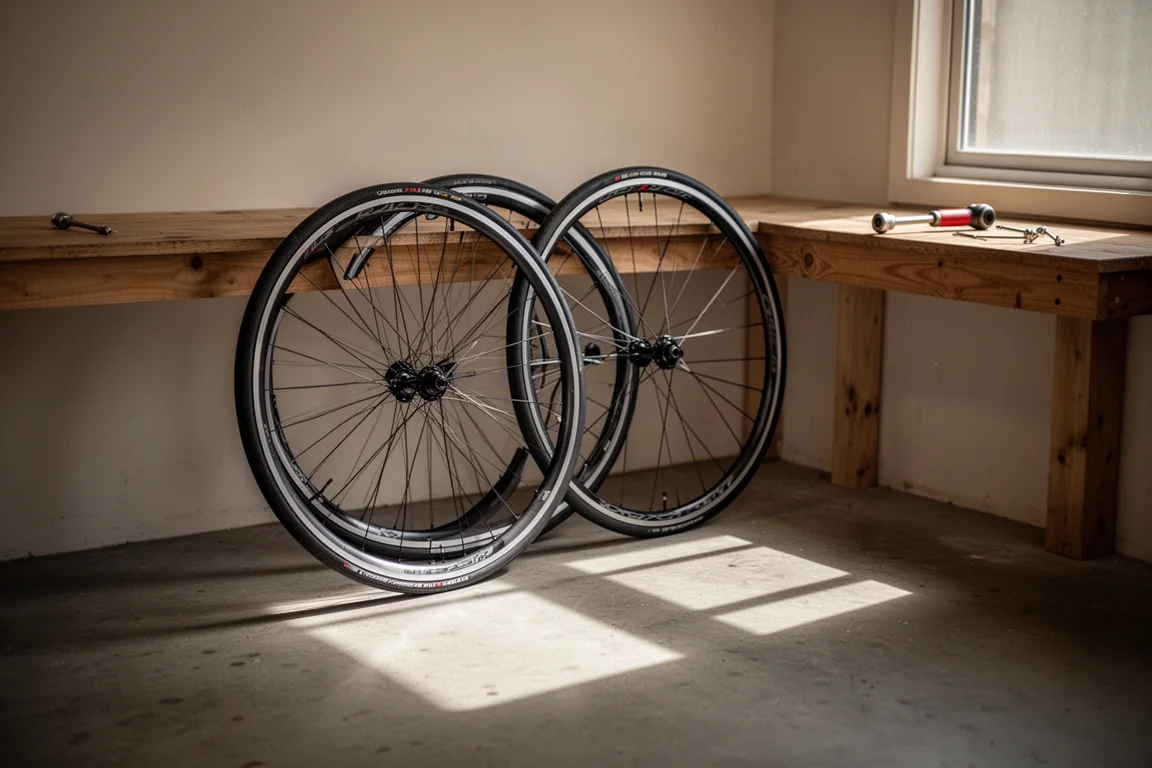 Dois wheelsets de bike de estrada apoiados contra uma bancada em uma oficina de garagem silenciosa