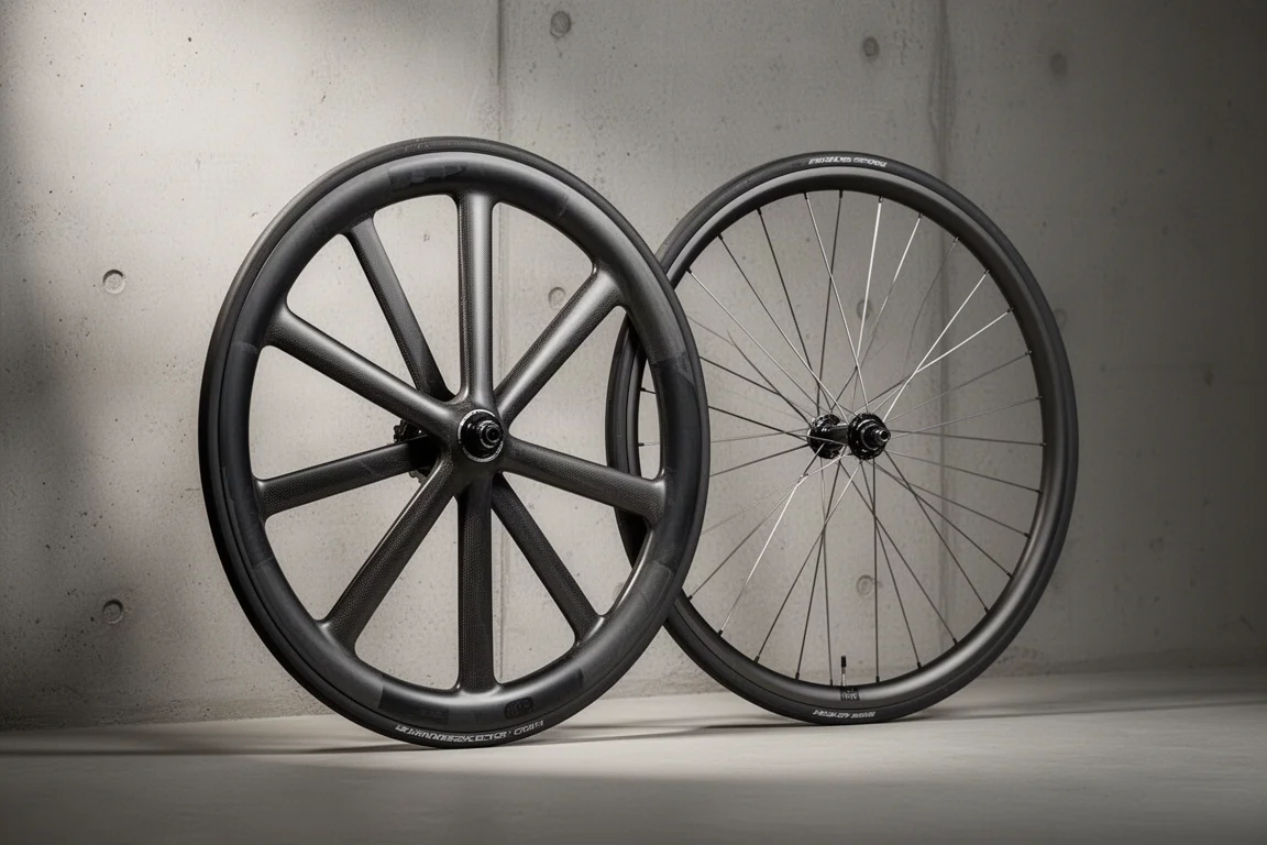Twee carbon wielsets voor racefietsen met verschillend spaakontwerp tegen een betonnen muur