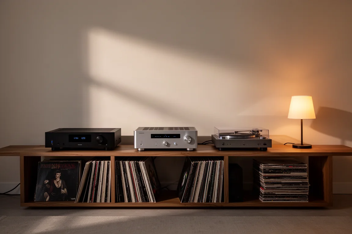 Sala de escucha de alta fidelidad minimalista al atardecer con un rack de componentes separados y luz cálida de lámpara