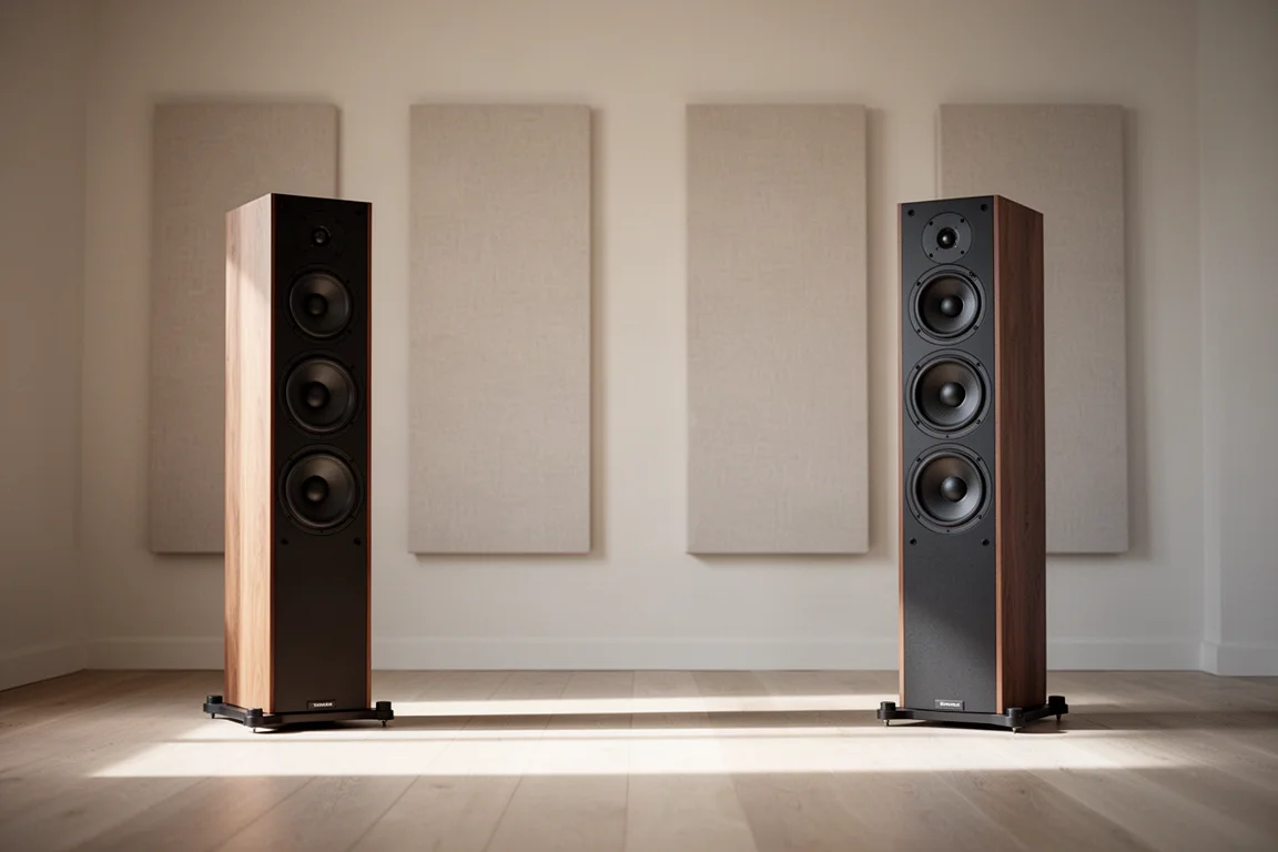 Par de altavoces de suelo altos en una sala de escucha con iluminación suave y paneles acústicos