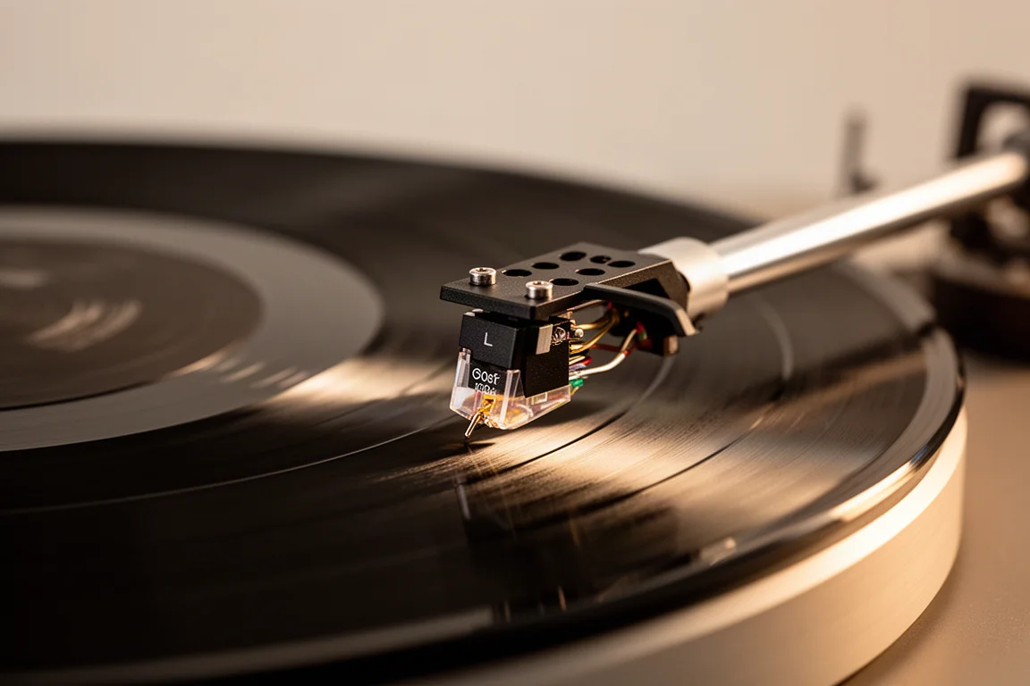 Brazo de tocadiscos y cápsula siguiendo el surco de un disco de vinilo con luz cálida