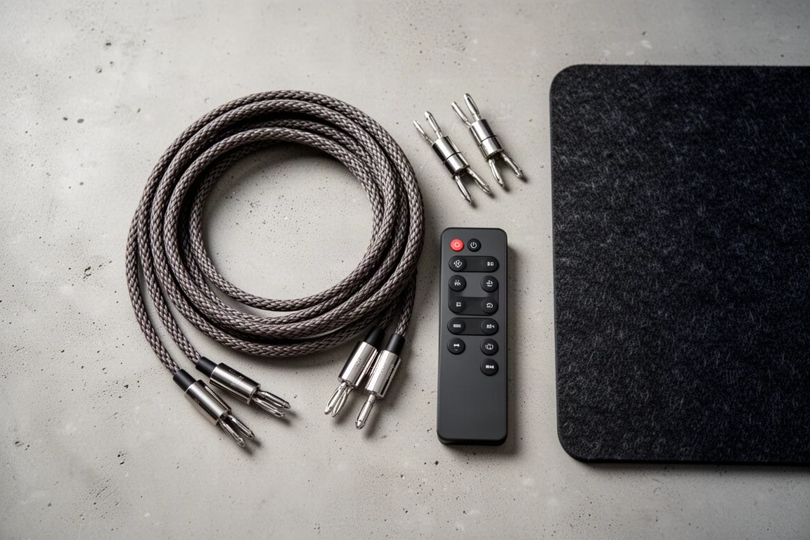 Vista cenital de cables de altavoz y conectores banana dispuestos sobre una superficie de hormigón