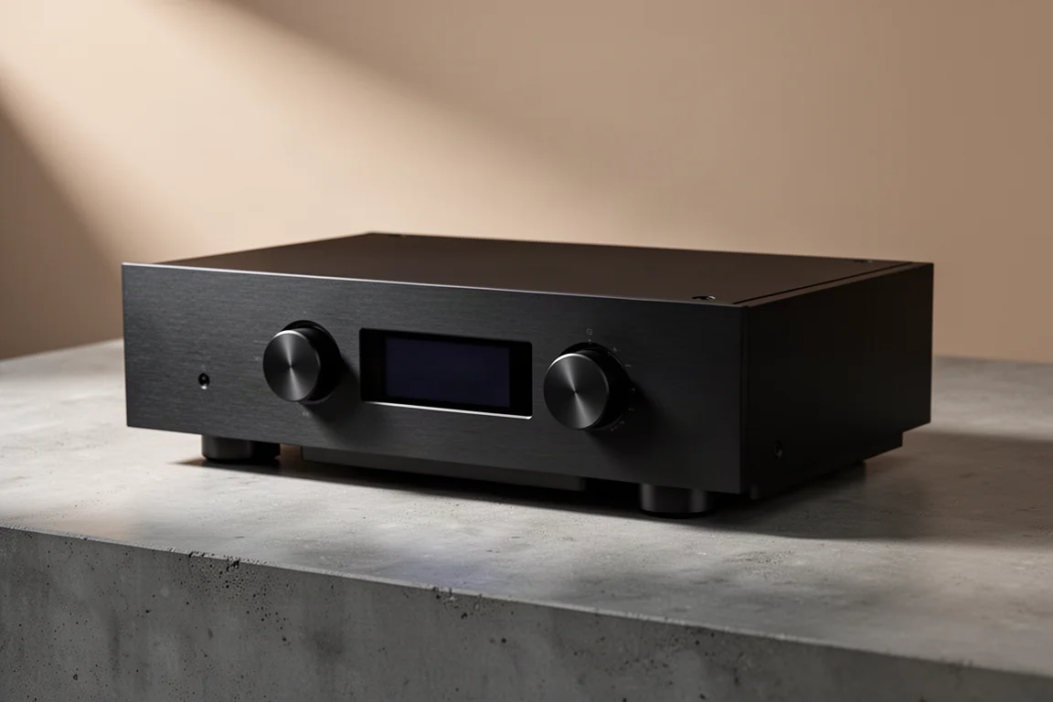Matte black full width integrated amplifier with two rotary dials and central display on concrete
