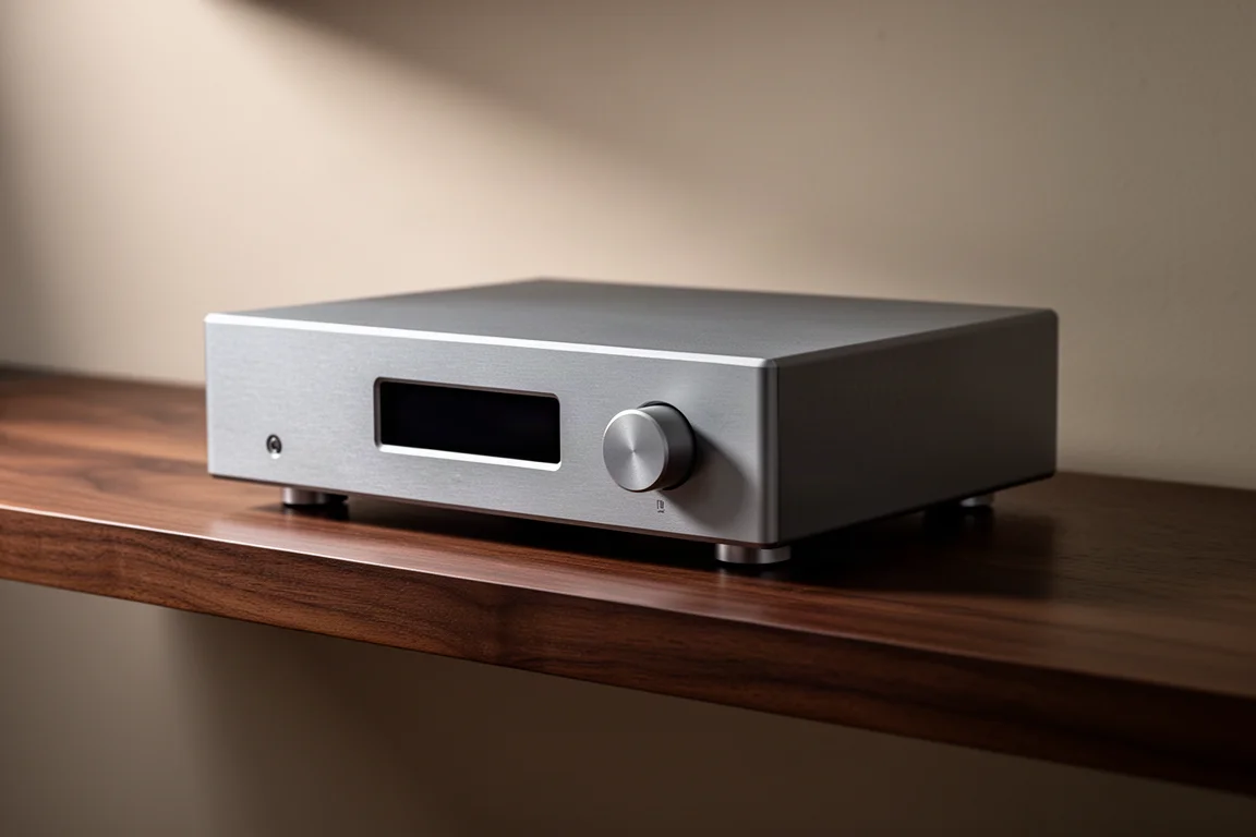 Slim black aluminium digital-to-analog converter on a matte concrete surface