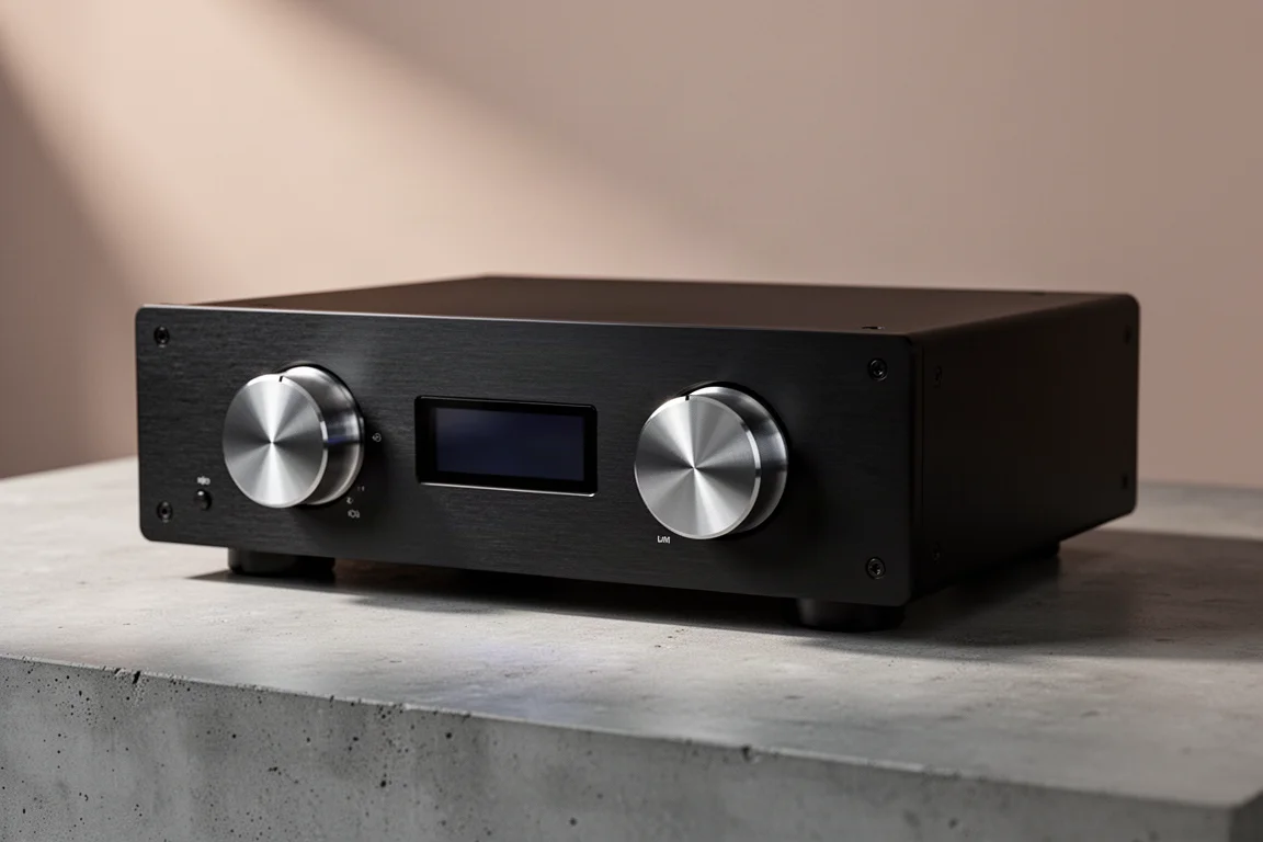 Slim black integrated amplifier with two rotary knobs and a small central display on a concrete surface