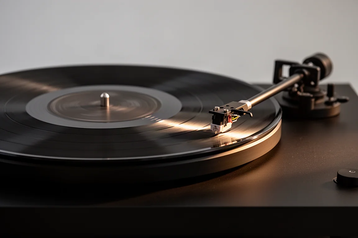 Nahaufnahme einer Vinylschallplatte auf dem Plattenteller mit fokussiertem Tonarm