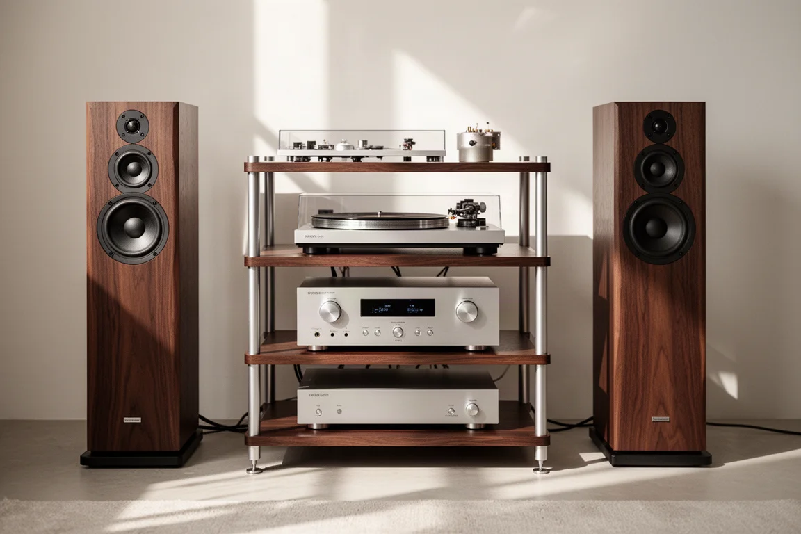 Minimalistisches Hi-Fi-Rack mit Verstärker, Plattenspieler und Regallautsprechern in hellem Raum