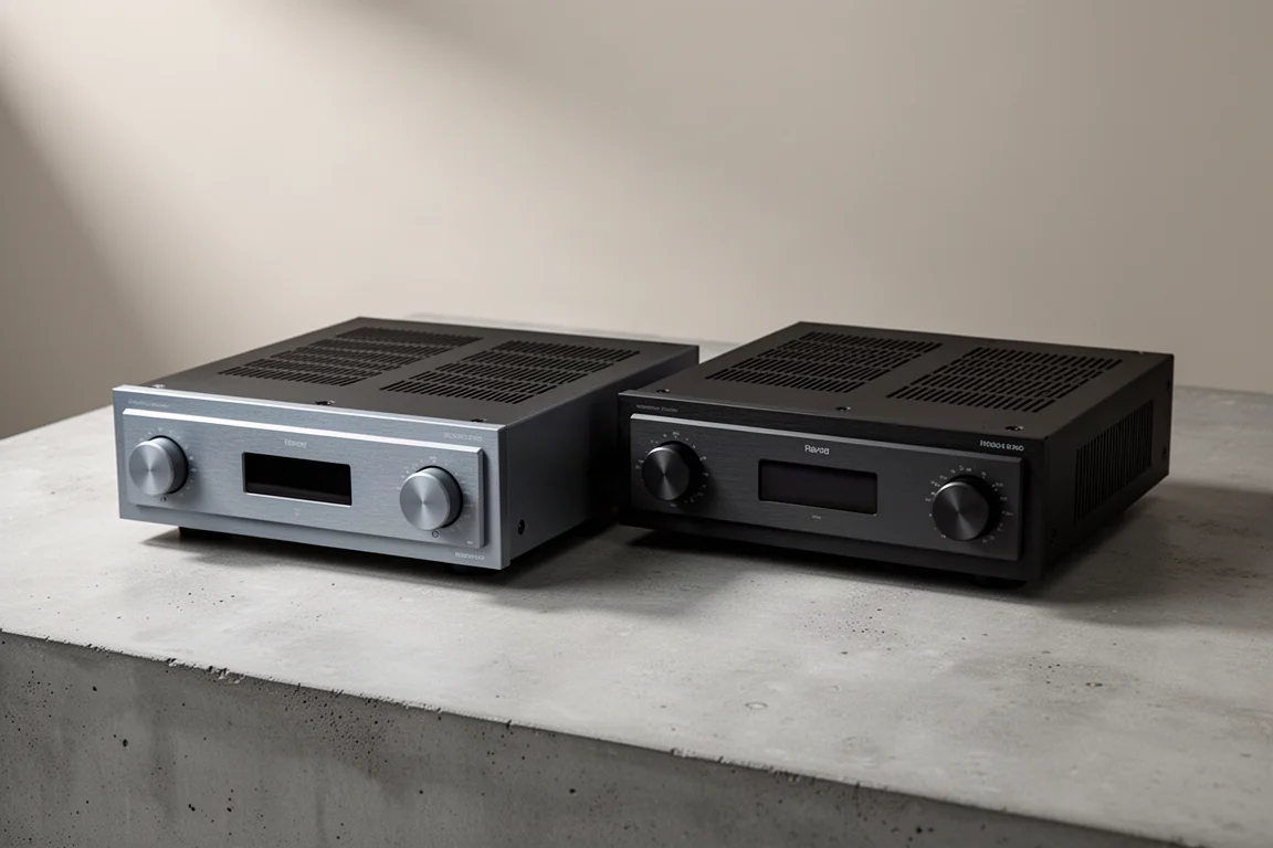 Two slim black aluminium integrated amplifiers side by side on a concrete surface