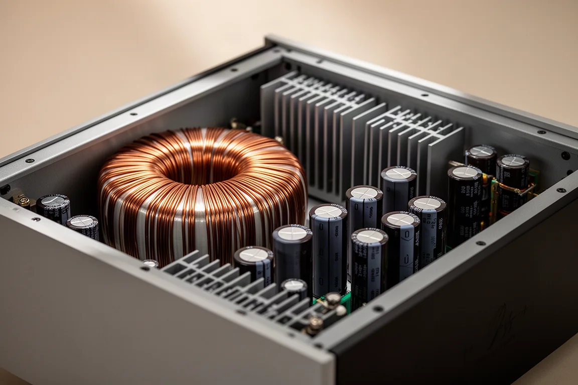 Close-up de um transformador toroidal e banco de capacitores dentro de um chassi de amplificador aberto