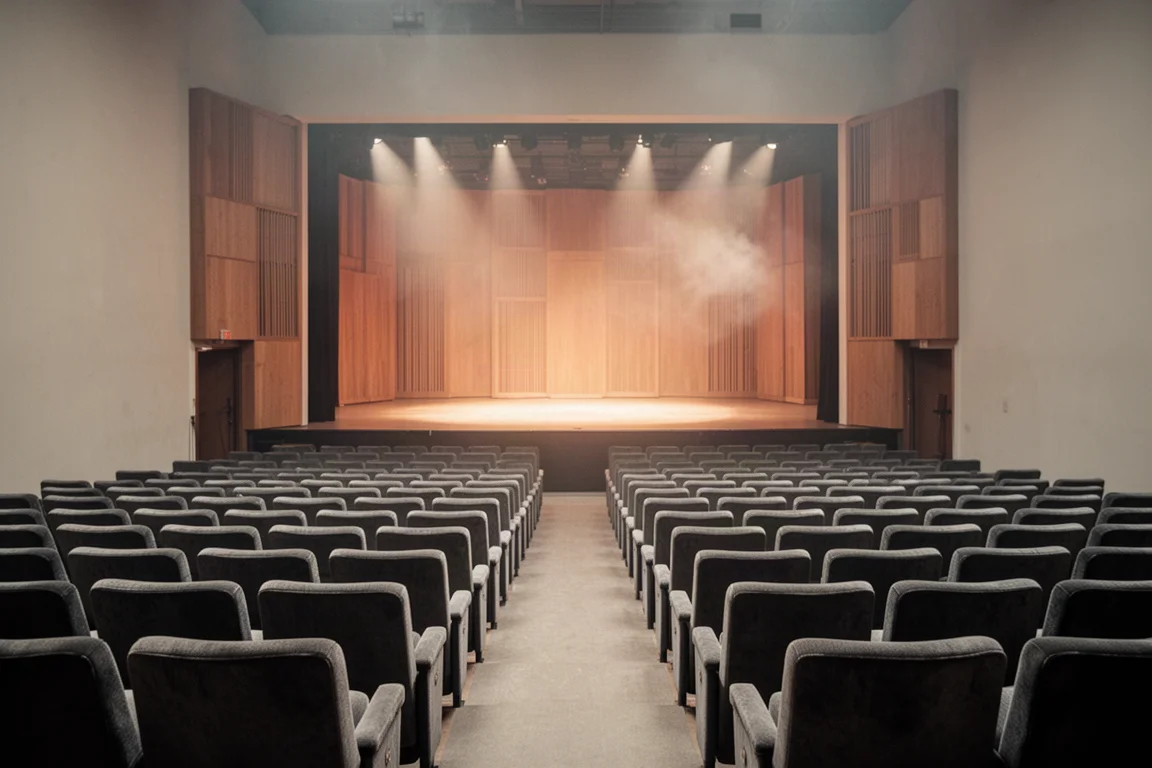 Sala de concertos vazia vista do meio da plateia, com fileiras de poltronas e palco iluminado