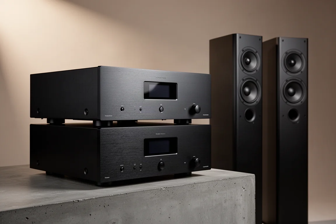 Two matte black hi-fi separates stacked beside floorstanding speakers on concrete