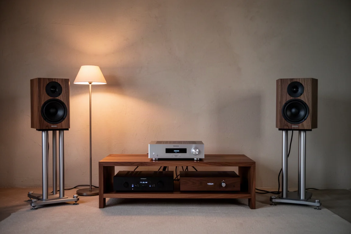 Hi-fi listening room at dusk with an amplifier on a wooden rack and standmount speakers