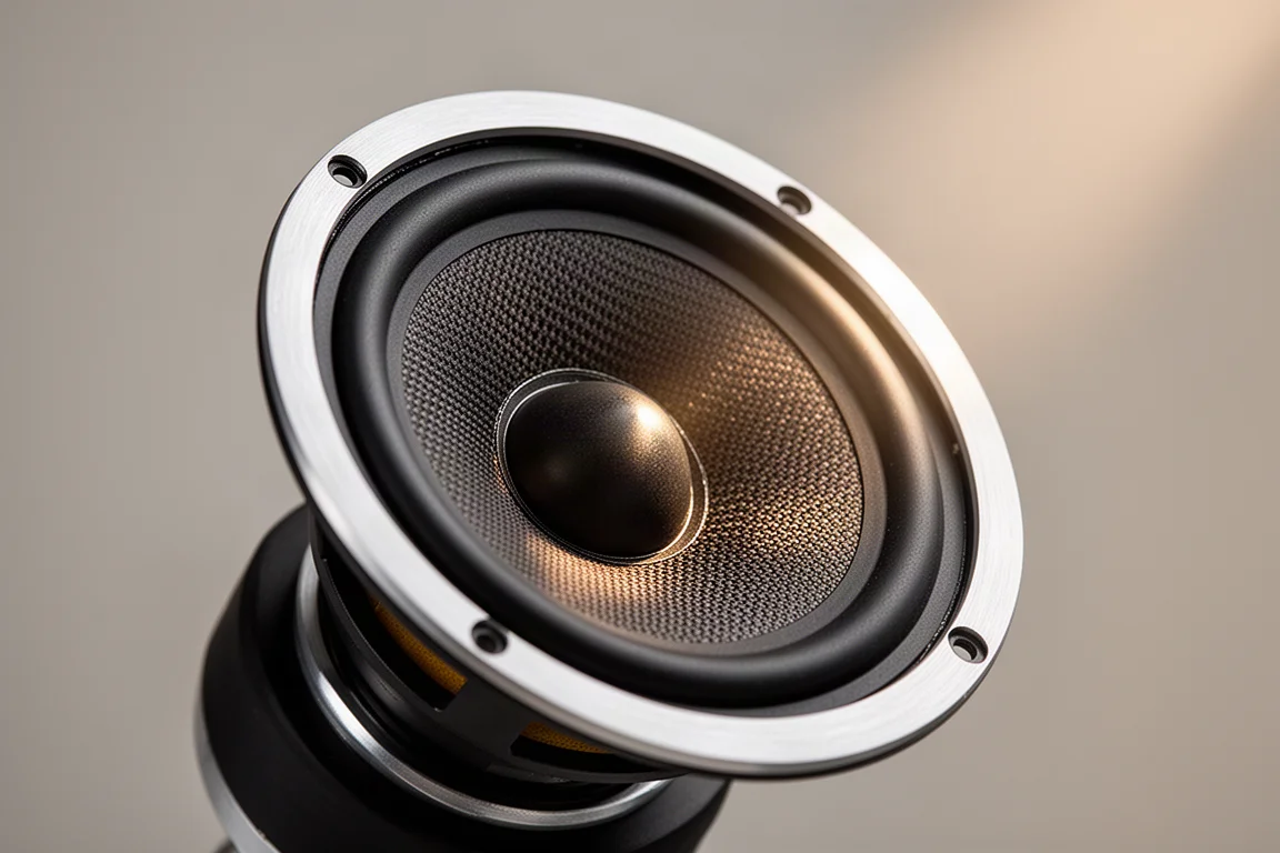 Close-up of a loudspeaker mid-bass driver with the grille removed
